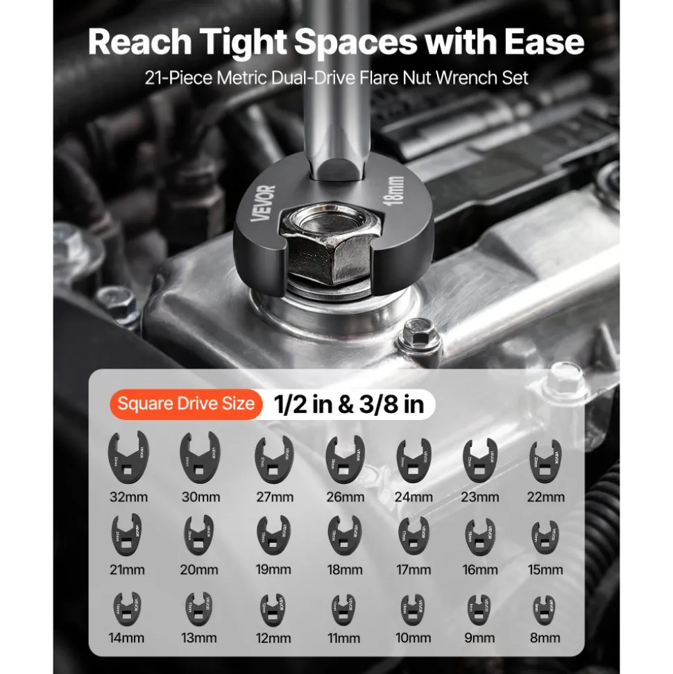 VEVOR Crowfoot Wrench Set, 1/2" and 3/8" Drive, 21-Piece Metric Dual-Drive Flare Nut Crows Foot Wrenches, with Storage Case, Dual Size Markings on Tools and Case, for Maintenance