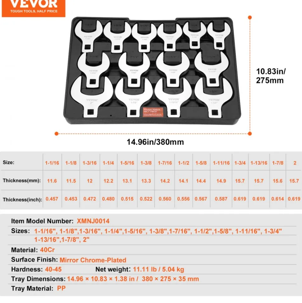 VEVOR Crowfoot Wrench Set, 1/2" Drive 14-Piece SAE (1-1/16" - 2") Crows Foot Wrench Set with Storage Tray, 40CR Material with Laser Etched Sizing, for Mechanical Maintenance or Repairs
