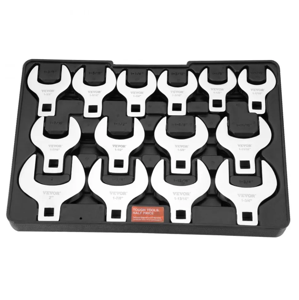 VEVOR Crowfoot Wrench Set, 1/2" Drive 14-Piece SAE (1-1/16" - 2") Crows Foot Wrench Set with Storage Tray, 40CR Material with Laser Etched Sizing, for Mechanical Maintenance or Repairs