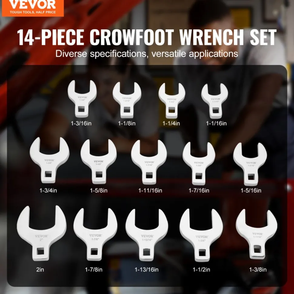 VEVOR Crowfoot Wrench Set, 1/2" Drive 14-Piece SAE (1-1/16" - 2") Crows Foot Wrench Set with Storage Tray, 40CR Material with Laser Etched Sizing, for Mechanical Maintenance or Repairs