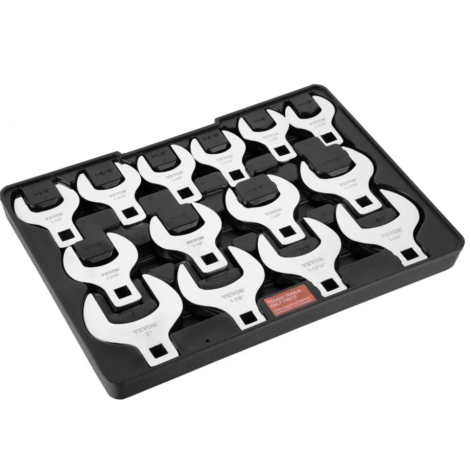 VEVOR Crowfoot Wrench Set, 1/2" Drive 14-Piece SAE (1-1/16" - 2") Crows Foot Wrench Set with Storage Tray, 40CR Material with Laser Etched Sizing, for Mechanical Maintenance or Repairs