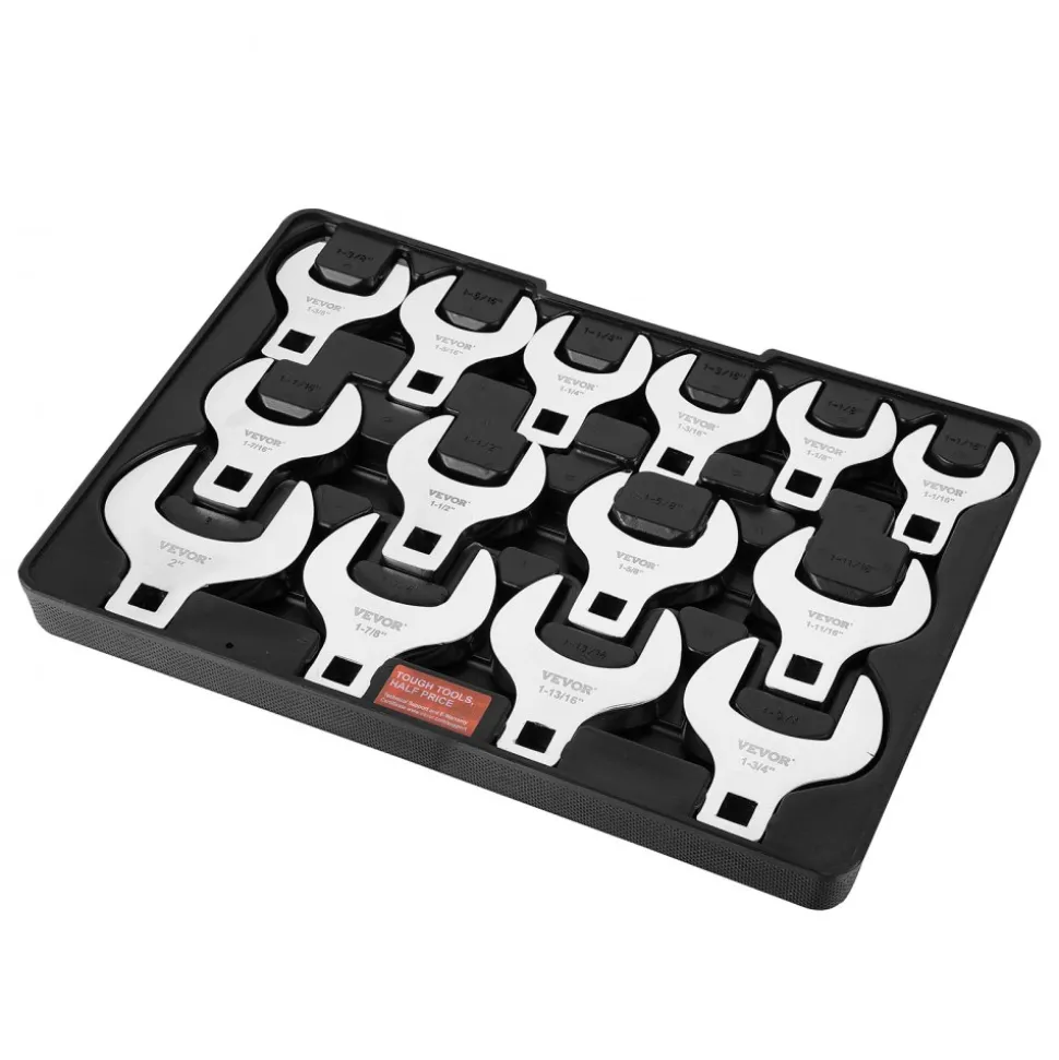 VEVOR Crowfoot Wrench Set, 1/2" Drive 14-Piece SAE (1-1/16" - 2") Crows Foot Wrench Set with Storage Tray, 40CR Material with Laser Etched Sizing, for Mechanical Maintenance or Repairs