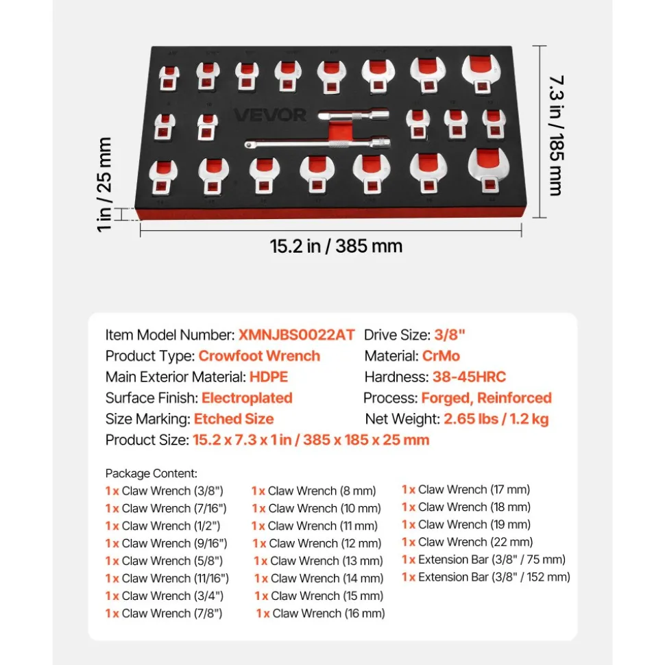 VEVOR Crowfoot Wrench Set, 3/8" Drive, 22-Piece Metric and SAE Size Crows Foot Wrenches, Cr-Mo Alloy Steel, with Storage Tray, Dual Size Markings on Tools and Tray, for Auto Maintenance or Repairs