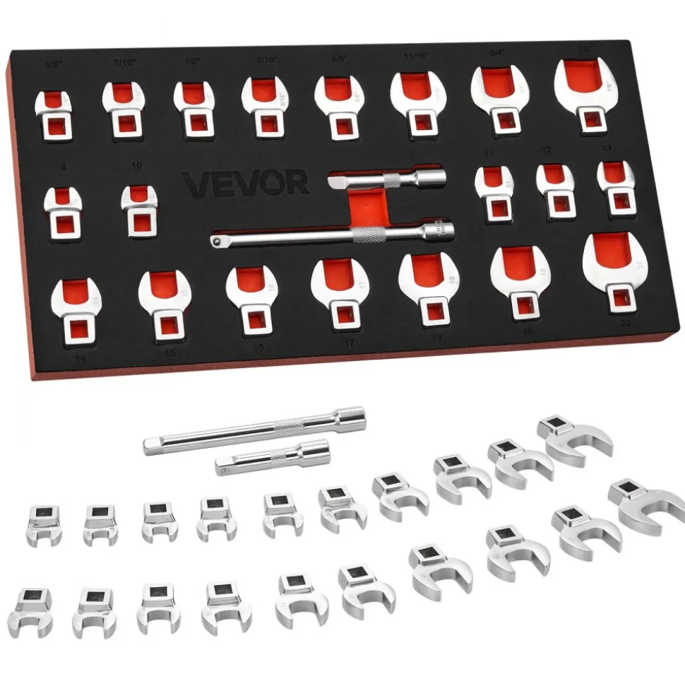 VEVOR Crowfoot Wrench Set, 3/8" Drive, 22-Piece Metric and SAE Size Crows Foot Wrenches, Cr-Mo Alloy Steel, with Storage Tray, Dual Size Markings on Tools and Tray, for Auto Maintenance or Repairs
