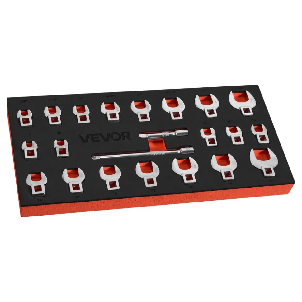 VEVOR Crowfoot Wrench Set, 3/8" Drive, 22-Piece Metric and SAE Size Crows Foot Wrenches, Cr-Mo Alloy Steel, with Storage Tray, Dual Size Markings on Tools and Tray, for Auto Maintenance or Repairs