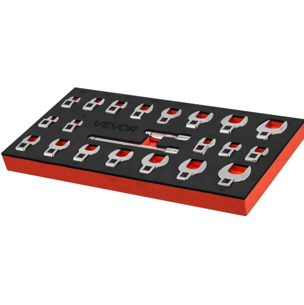 VEVOR Crowfoot Wrench Set, 3/8" Drive, 22-Piece Metric and SAE Size Crows Foot Wrenches, Cr-Mo Alloy Steel, with Storage Tray, Dual Size Markings on Tools and Tray, for Auto Maintenance or Repairs