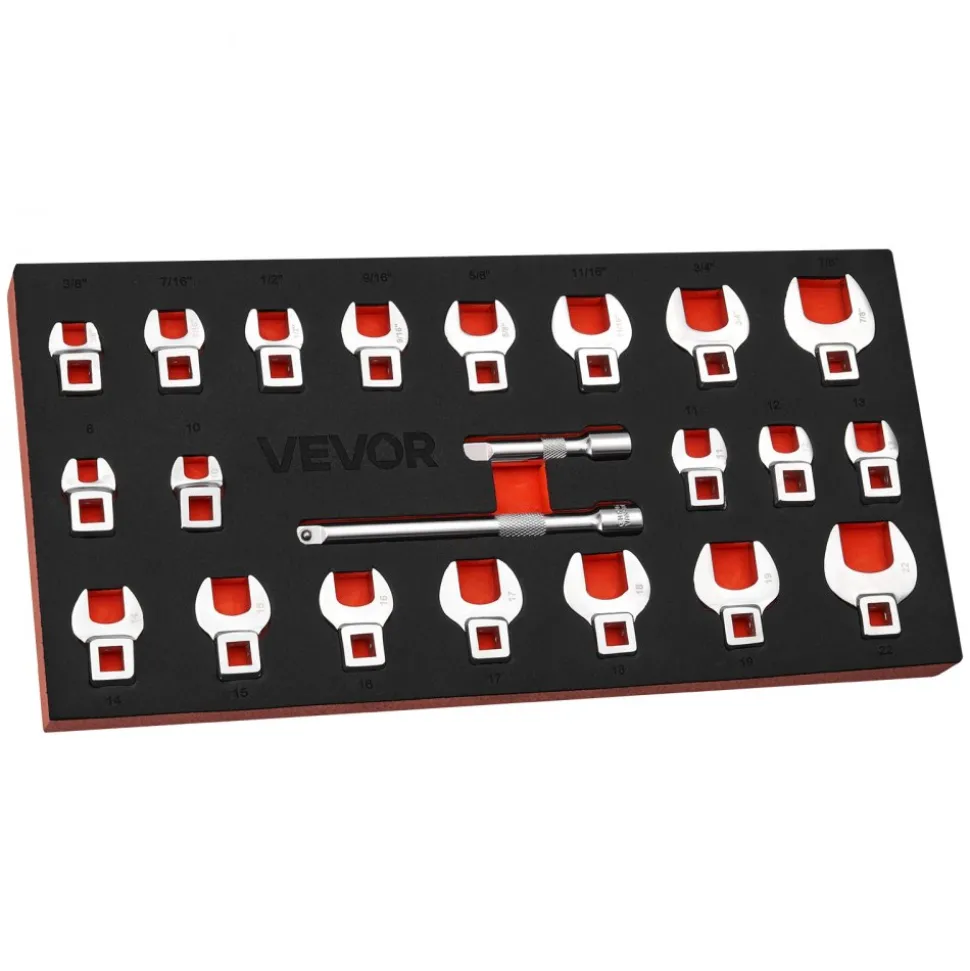 VEVOR Crowfoot Wrench Set, 3/8" Drive, 22-Piece Metric and SAE Size Crows Foot Wrenches, Cr-Mo Alloy Steel, with Storage Tray, Dual Size Markings on Tools and Tray, for Auto Maintenance or Repairs