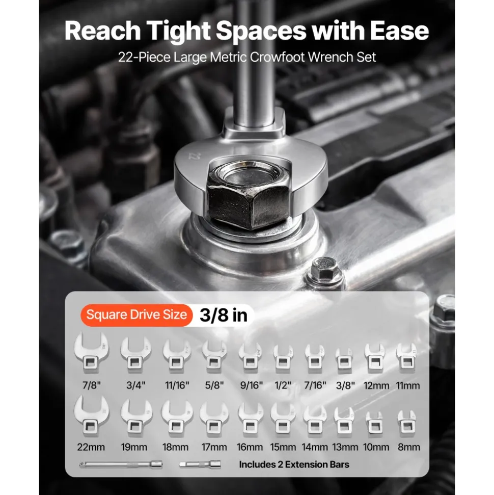 VEVOR Crowfoot Wrench Set, 3/8" Drive, 22-Piece Metric and SAE Size Crows Foot Wrenches, Cr-Mo Alloy Steel, with Storage Tray, Dual Size Markings on Tools and Tray, for Auto Maintenance or Repairs