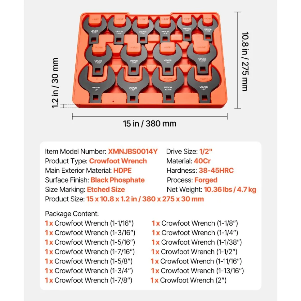 VEVOR Crowfoot Wrench Set, 1/2" Drive, 14-Piece SAE 1-1/16" to 2" Crows Foot Wrenches, with Storage Tray, Dual Size Markings on Tools and Tray, for Auto Maintenance or Repairs