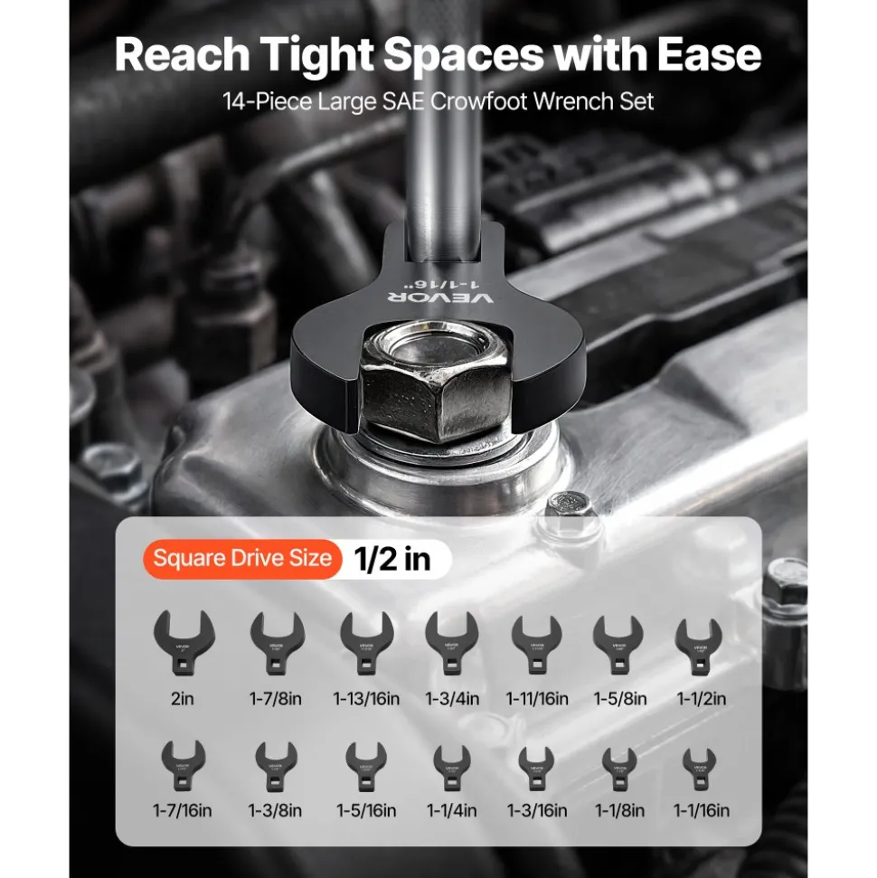 VEVOR Crowfoot Wrench Set, 1/2" Drive, 14-Piece SAE 1-1/16" to 2" Crows Foot Wrenches, with Storage Tray, Dual Size Markings on Tools and Tray, for Auto Maintenance or Repairs