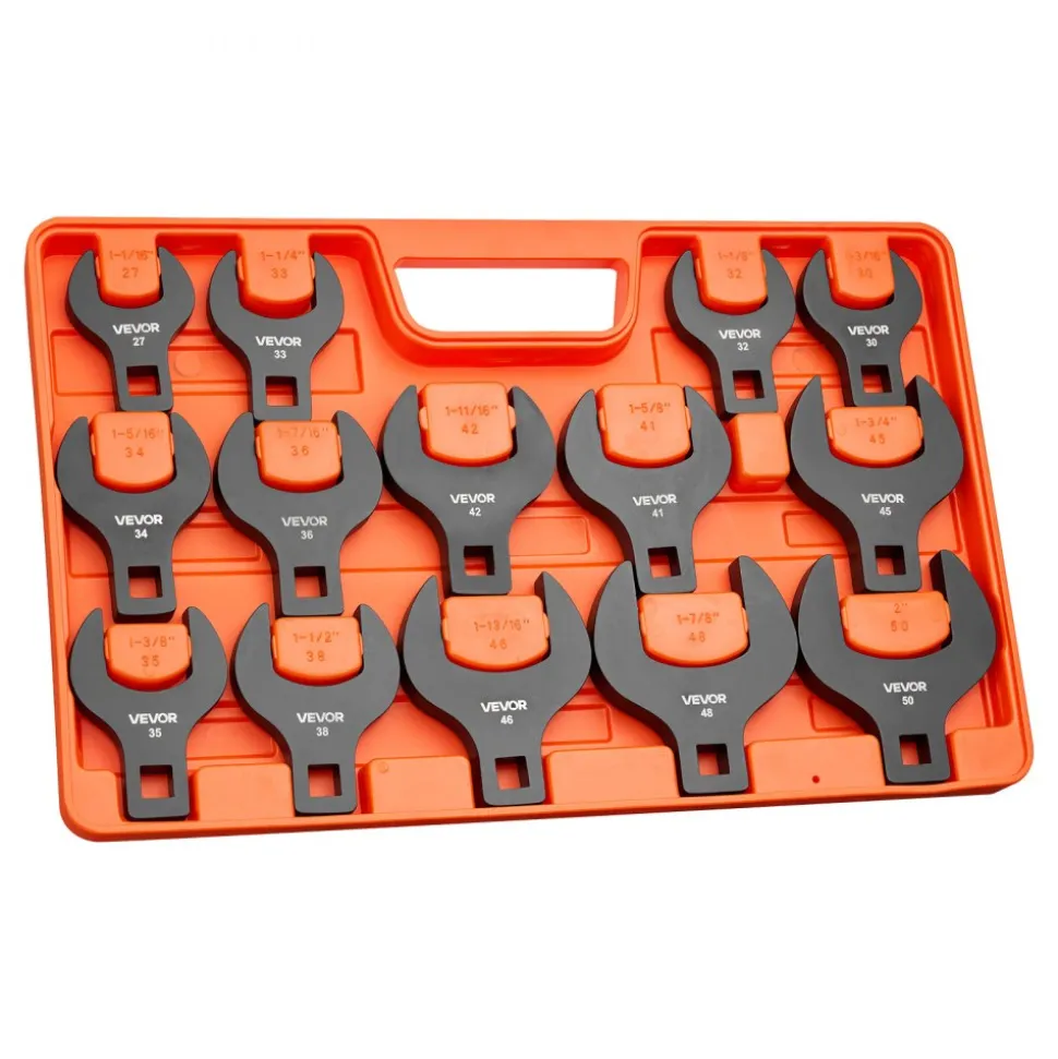 VEVOR Crowfoot Wrench Set, 1/2" Drive, 14-Piece Metric 27 to 50 mm Crows Foot Wrenches, with Storage Tray, Dual Size Markings on Tools and Tray, for Auto Maintenance or Repairs
