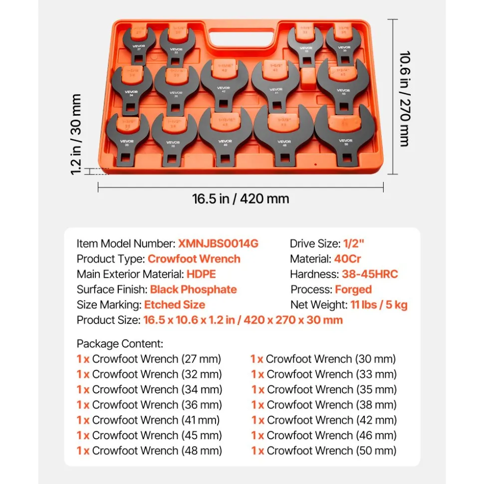 VEVOR Crowfoot Wrench Set, 1/2" Drive, 14-Piece Metric 27 to 50 mm Crows Foot Wrenches, with Storage Tray, Dual Size Markings on Tools and Tray, for Auto Maintenance or Repairs