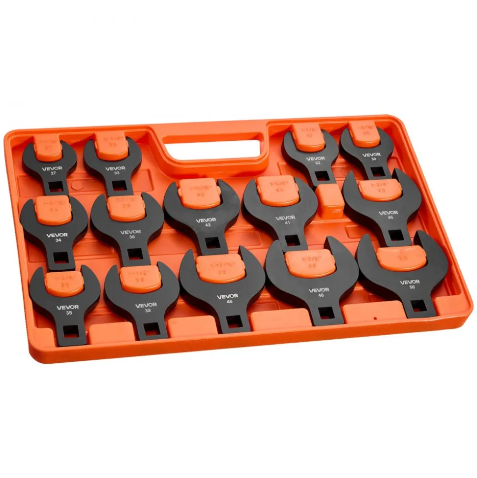 VEVOR Crowfoot Wrench Set, 1/2" Drive, 14-Piece Metric 27 to 50 mm Crows Foot Wrenches, with Storage Tray, Dual Size Markings on Tools and Tray, for Auto Maintenance or Repairs