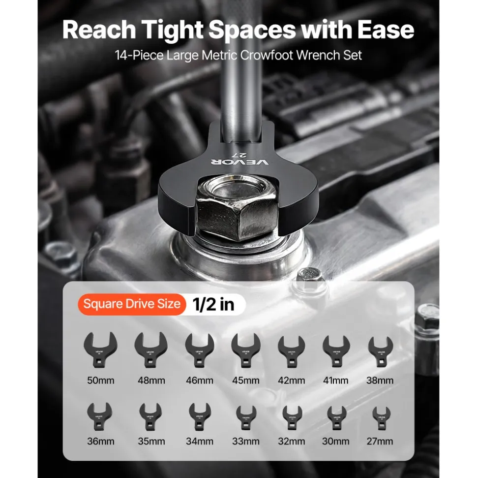 VEVOR Crowfoot Wrench Set, 1/2" Drive, 14-Piece Metric 27 to 50 mm Crows Foot Wrenches, with Storage Tray, Dual Size Markings on Tools and Tray, for Auto Maintenance or Repairs