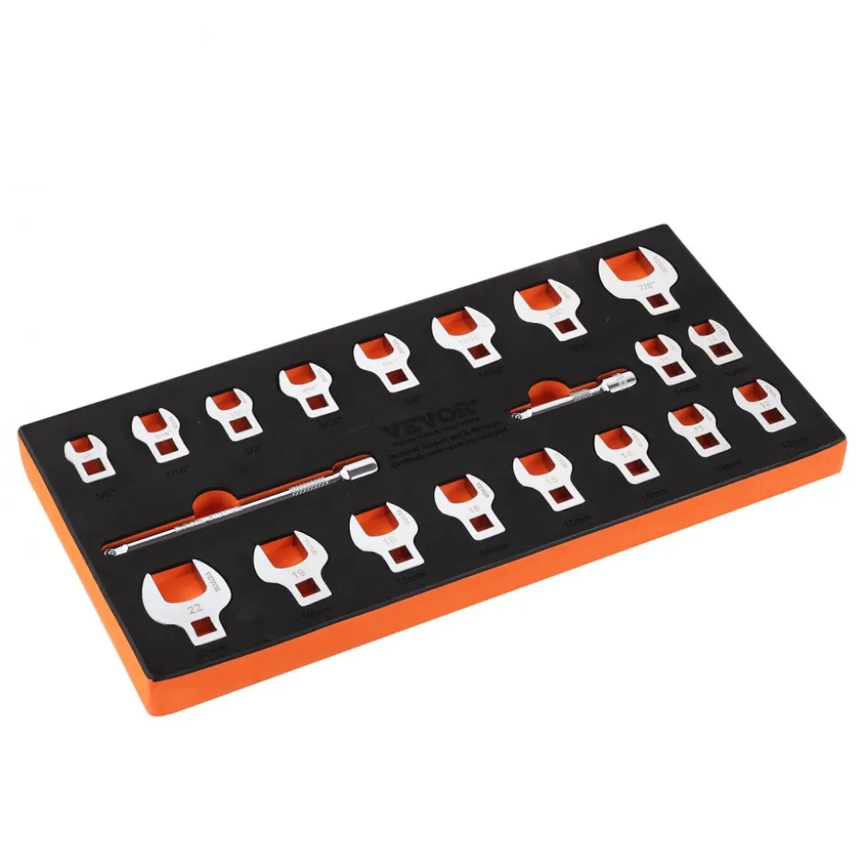 VEVOR Crowfoot Wrench Set, 3/8" Drive 20-Piece Crows Foot Wrench Set with 2 Extension Bars and EVA Tool Organizer,40CR Material with Mirror Chrome Finish, SAE 3/8"-7/8" and Metric 10-22 mm,