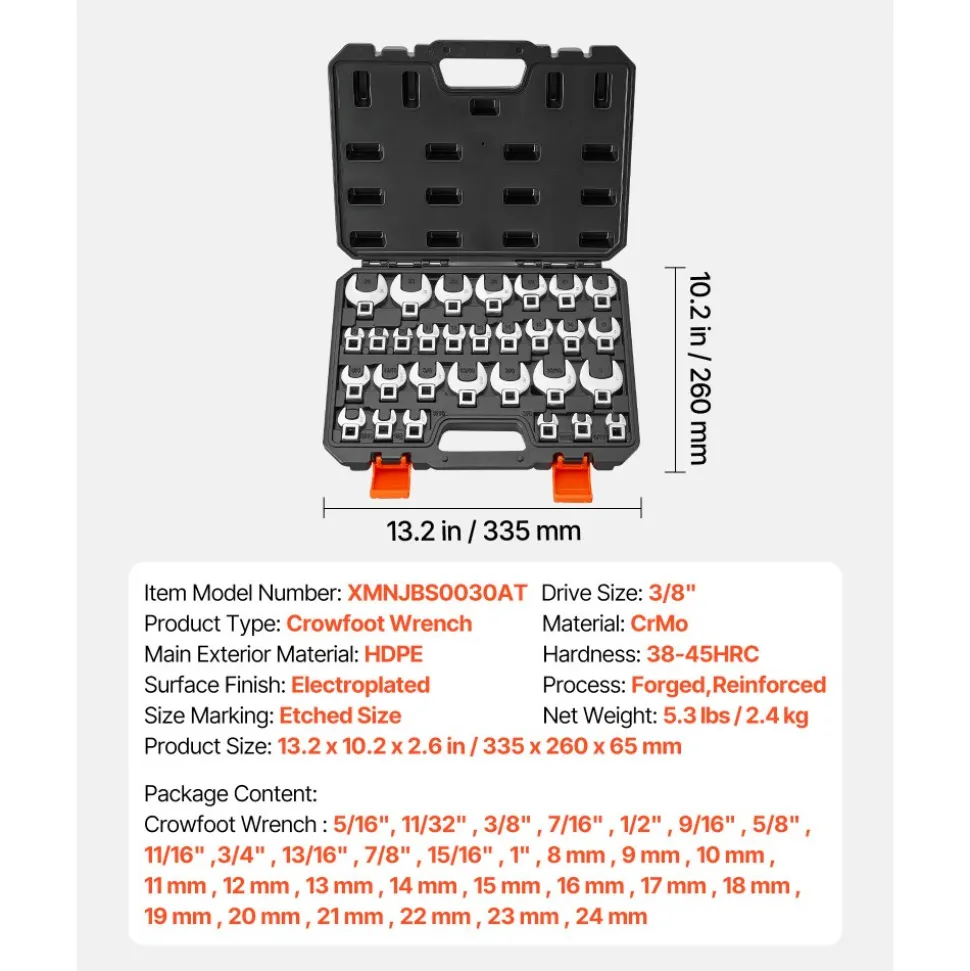 VEVOR Crowfoot Wrench Set, 3/8" Drive, 30-Piece Metric and SAE Size Crows Foot Wrenches, Cr-Mo Alloy Steel, with Storage Case, Dual Size Markings on Tools and Case, for Auto Maintenance or Repairs