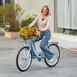 VEVOR Cruiser Bike, 7-Speed, 26-Inch Light Blue Beach Cruiser Bike with Large Capacity Basket and Rear Rack, Secure & Sturdy Cruiser Bike with Adjustable Seat, Fits for Cycling, Exercise & Shopping