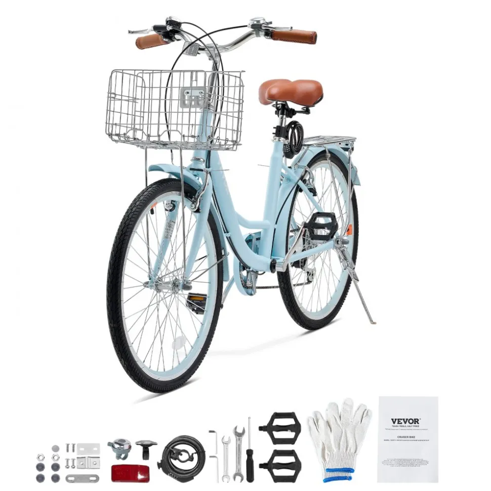 VEVOR Cruiser Bike, 7-Speed, 26-Inch Light Blue Beach Cruiser Bike with Large Capacity Basket and Rear Rack, Secure & Sturdy Cruiser Bike with Adjustable Seat, Fits for Cycling, Exercise & Shopping