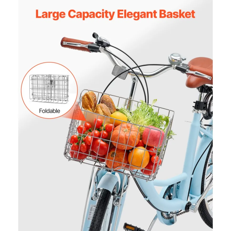 VEVOR Cruiser Bike, 7-Speed, 26-Inch Light Blue Beach Cruiser Bike with Large Capacity Basket and Rear Rack, Secure & Sturdy Cruiser Bike with Adjustable Seat, Fits for Cycling, Exercise & Shopping