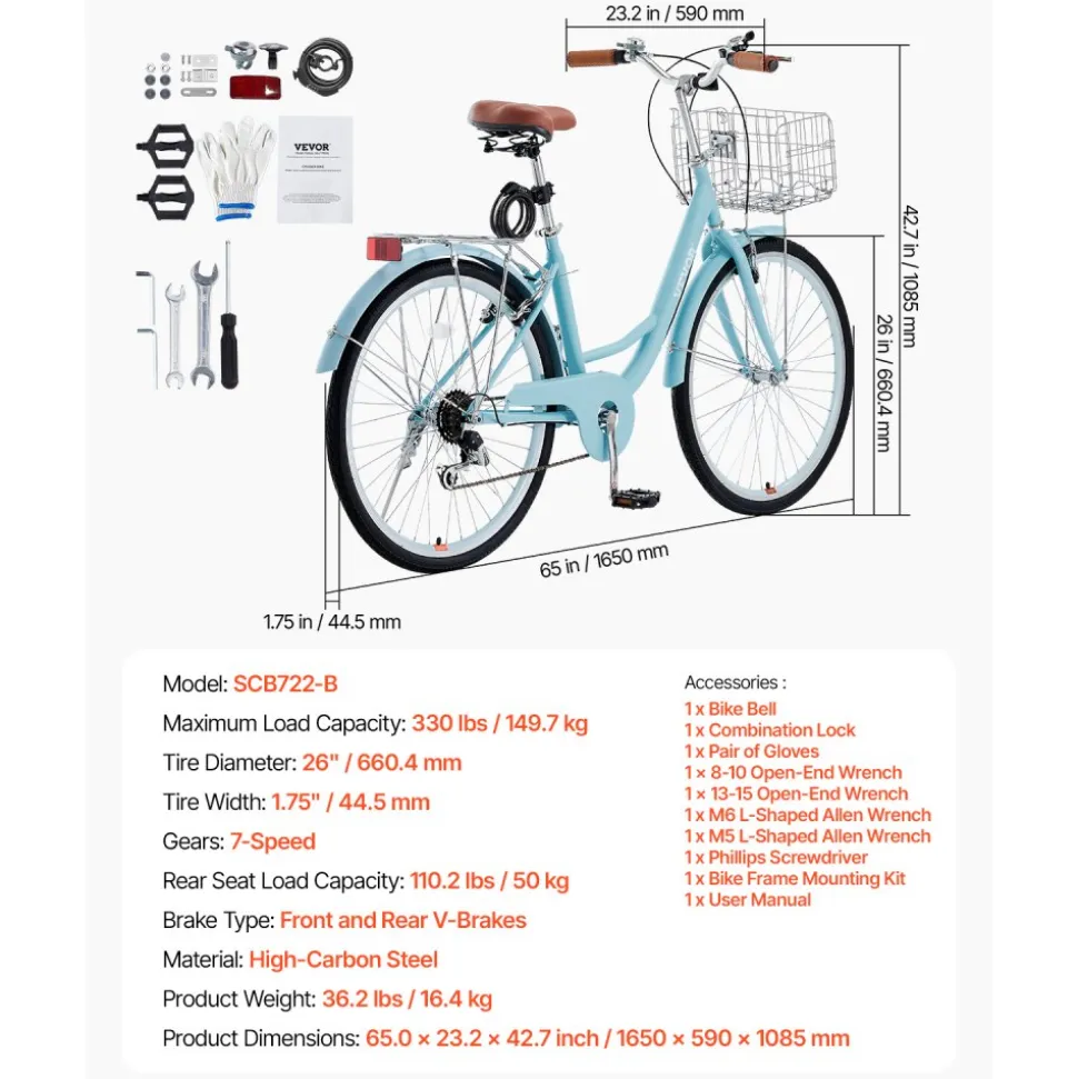 VEVOR Cruiser Bike, 7-Speed, 26-Inch Light Blue Beach Cruiser Bike with Large Capacity Basket and Rear Rack, Secure & Sturdy Cruiser Bike with Adjustable Seat, Fits for Cycling, Exercise & Shopping