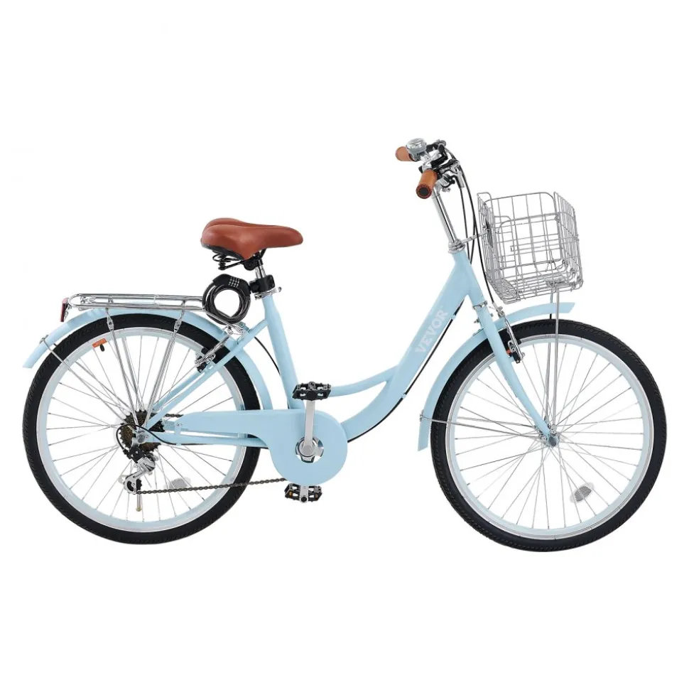 VEVOR Cruiser Bike, 7-Speed, 26-Inch Light Blue Beach Cruiser Bike with Large Capacity Basket and Rear Rack, Secure & Sturdy Cruiser Bike with Adjustable Seat, Fits for Cycling, Exercise & Shopping