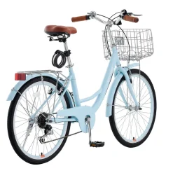 VEVOR Cruiser Bike, 7-Speed, 26-Inch Light Blue Beach Cruiser Bike with Large Capacity Basket and Rear Rack, Secure & Sturdy Cruiser Bike with Adjustable Seat, Fits for Cycling, Exercise & Shopping