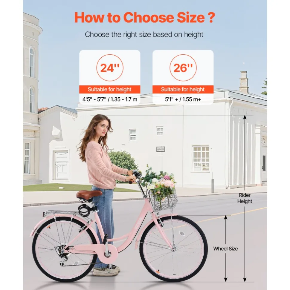 VEVOR Cruiser Bike, 7-Speed, 26-Inch Pink Beach Cruiser Bike with Large Capacity Basket and Rear Rack, Secure & Sturdy Cruiser Bike with Adjustable Seat, Fits for Cycling, Exercise & Shopping