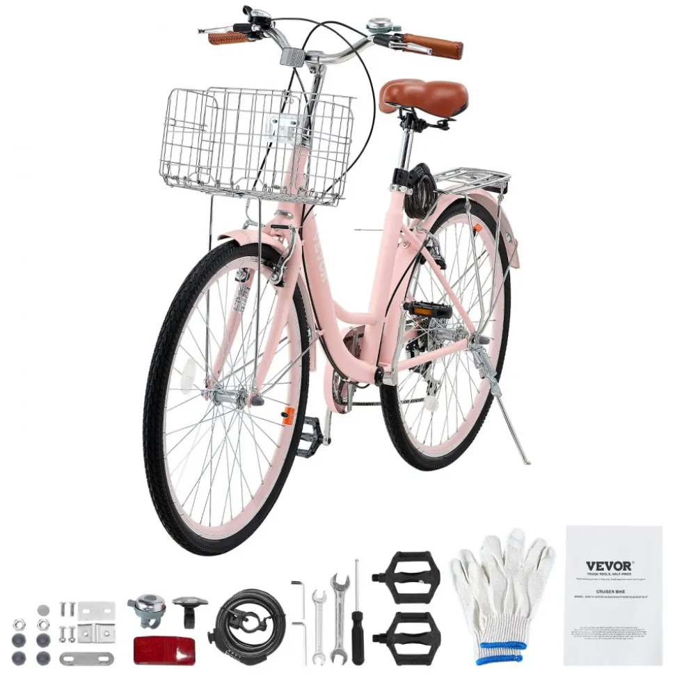 VEVOR Cruiser Bike, 7-Speed, 26-Inch Pink Beach Cruiser Bike with Large Capacity Basket and Rear Rack, Secure & Sturdy Cruiser Bike with Adjustable Seat, Fits for Cycling, Exercise & Shopping