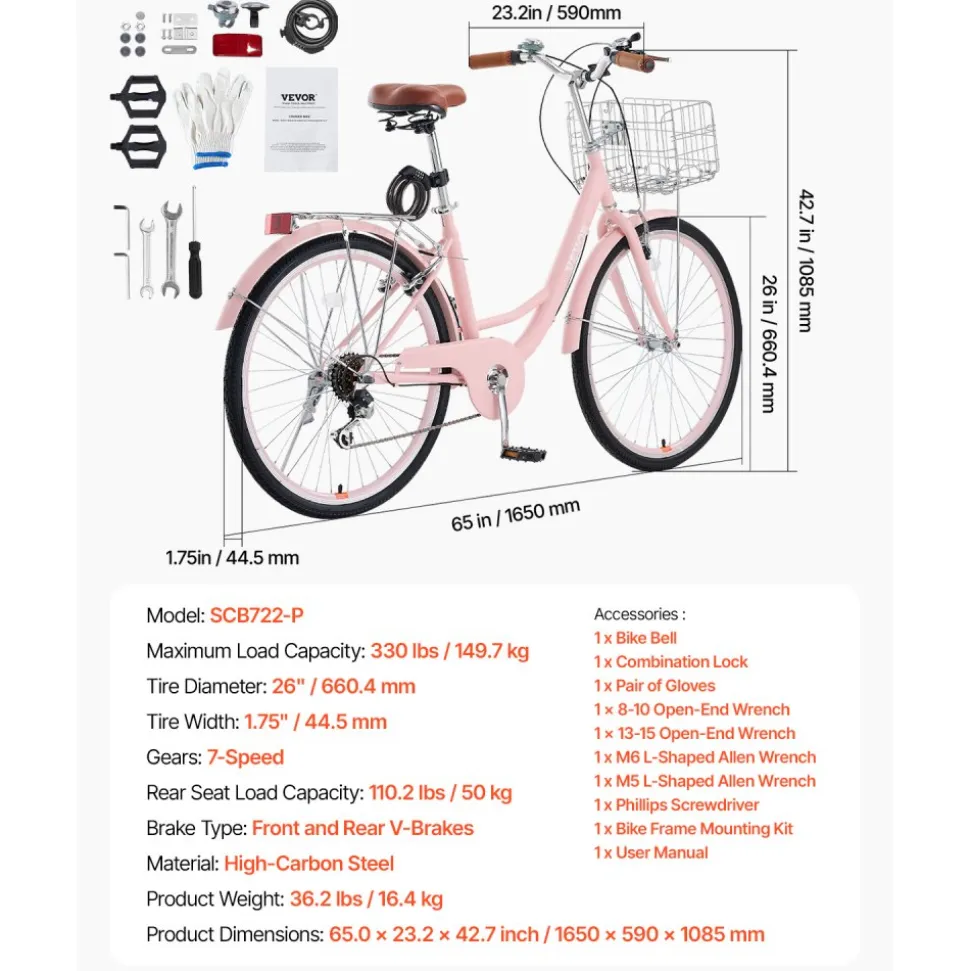 VEVOR Cruiser Bike, 7-Speed, 26-Inch Pink Beach Cruiser Bike with Large Capacity Basket and Rear Rack, Secure & Sturdy Cruiser Bike with Adjustable Seat, Fits for Cycling, Exercise & Shopping