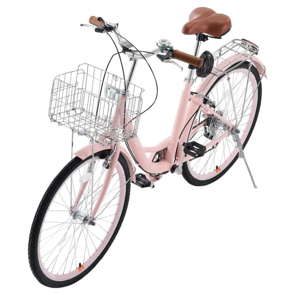 VEVOR Cruiser Bike, 7-Speed, 26-Inch Pink Beach Cruiser Bike with Large Capacity Basket and Rear Rack, Secure & Sturdy Cruiser Bike with Adjustable Seat, Fits for Cycling, Exercise & Shopping