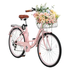 VEVOR Cruiser Bike, 7-Speed, 26-Inch Pink Beach Cruiser Bike with Large Capacity Basket and Rear Rack, Secure & Sturdy Cruiser Bike with Adjustable Seat, Fits for Cycling, Exercise & Shopping