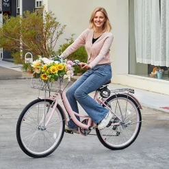 VEVOR Cruiser Bike, 7-Speed, 26-Inch Pink Beach Cruiser Bike with Large Capacity Basket and Rear Rack, Secure & Sturdy Cruiser Bike with Adjustable Seat, Fits for Cycling, Exercise & Shopping
