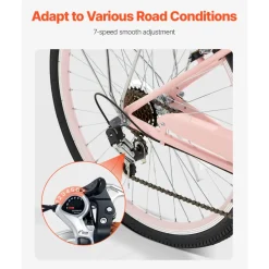 VEVOR Cruiser Bike, 7-Speed, 26-Inch Pink Beach Cruiser Bike with Large Capacity Basket and Rear Rack, Secure & Sturdy Cruiser Bike with Adjustable Seat, Fits for Cycling, Exercise & Shopping