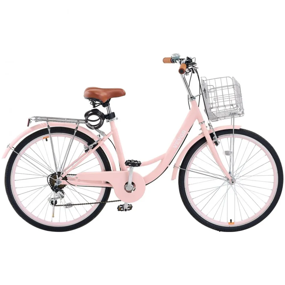 VEVOR Cruiser Bike, 7-Speed, 26-Inch Pink Beach Cruiser Bike with Large Capacity Basket and Rear Rack, Secure & Sturdy Cruiser Bike with Adjustable Seat, Fits for Cycling, Exercise & Shopping