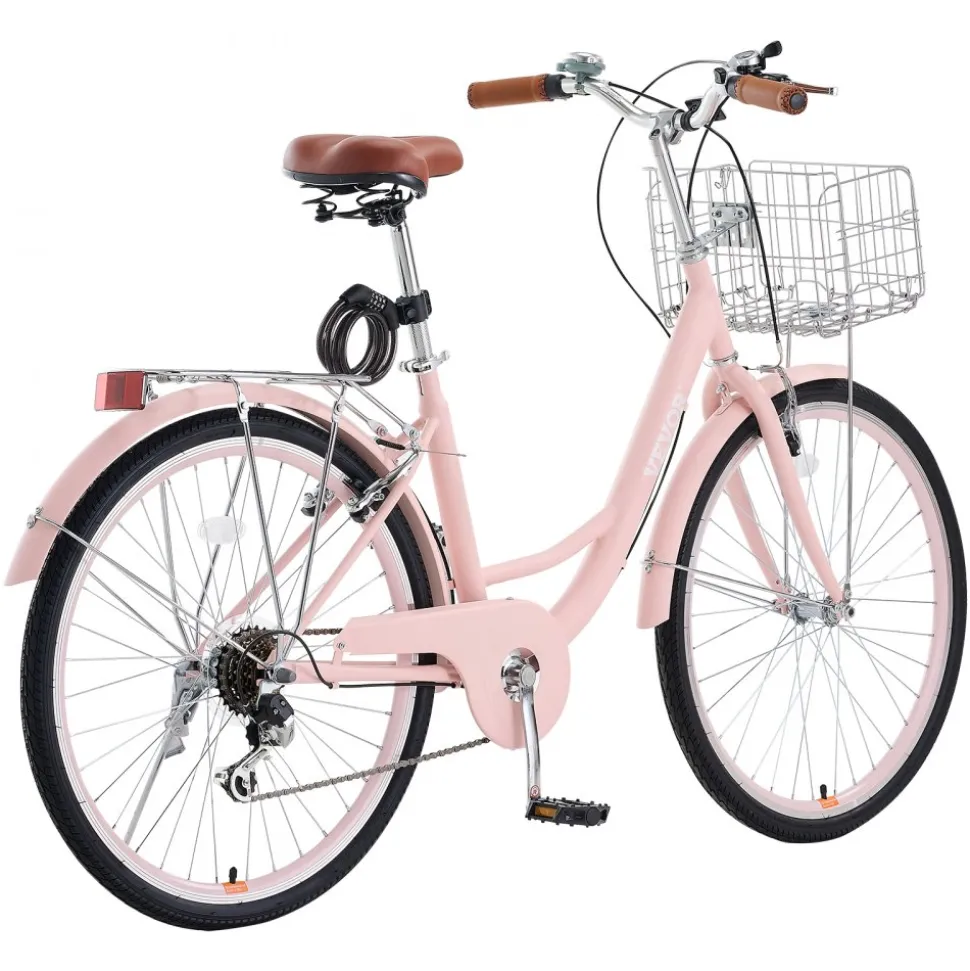 VEVOR Cruiser Bike, 7-Speed, 26-Inch Pink Beach Cruiser Bike with Large Capacity Basket and Rear Rack, Secure & Sturdy Cruiser Bike with Adjustable Seat, Fits for Cycling, Exercise & Shopping