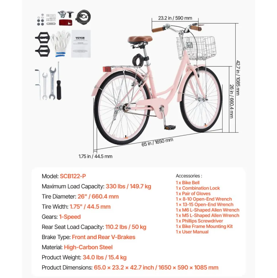 VEVOR Cruiser Bike, 1-Speed, 26-Inch Pink Beach Cruiser Bike with Large Capacity Basket and Rear Rack, Secure & Sturdy Cruiser Bike with Adjustable Seat, Fits for Cycling, Exercise & Shopping
