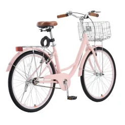 VEVOR Cruiser Bike, 1-Speed, 26-Inch Pink Beach Cruiser Bike with Large Capacity Basket and Rear Rack, Secure & Sturdy Cruiser Bike with Adjustable Seat, Fits for Cycling, Exercise & Shopping