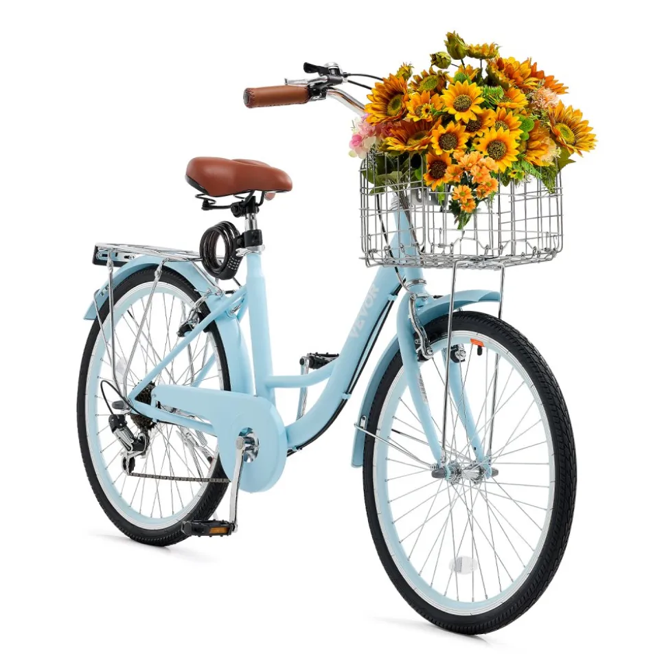 VEVOR Cruiser Bike, 1-Speed, 26-Inch Light Blue Beach Cruiser Bike with Large Capacity Basket and Rear Rack, Secure & Sturdy Cruiser Bike with Adjustable Seat, Fits for Cycling, Exercise & Shopping