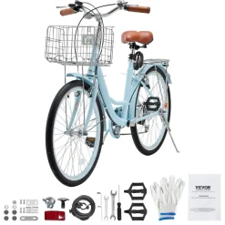 VEVOR Cruiser Bike, 1-Speed, 26-Inch Light Blue Beach Cruiser Bike with Large Capacity Basket and Rear Rack, Secure & Sturdy Cruiser Bike with Adjustable Seat, Fits for Cycling, Exercise & Shopping