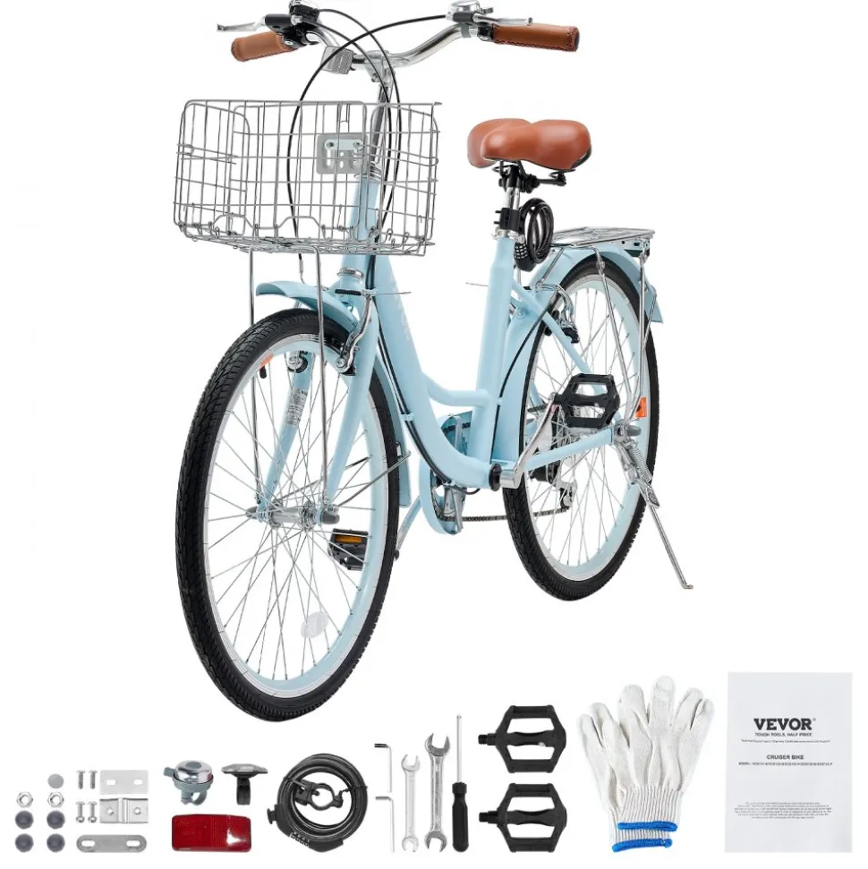 VEVOR Cruiser Bike, 1-Speed, 26-Inch Light Blue Beach Cruiser Bike with Large Capacity Basket and Rear Rack, Secure & Sturdy Cruiser Bike with Adjustable Seat, Fits for Cycling, Exercise & Shopping