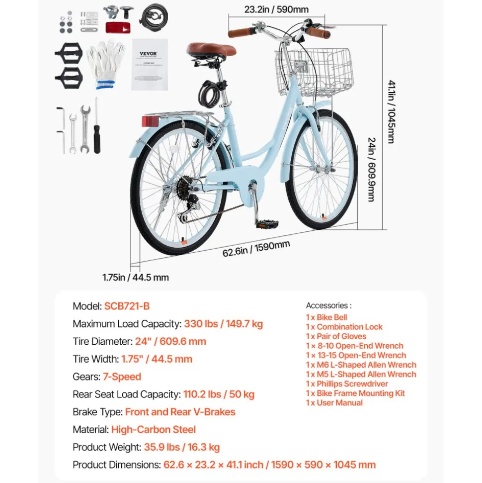 VEVOR Cruiser Bike, 1-Speed, 26-Inch Light Blue Beach Cruiser Bike with Large Capacity Basket and Rear Rack, Secure & Sturdy Cruiser Bike with Adjustable Seat, Fits for Cycling, Exercise & Shopping
