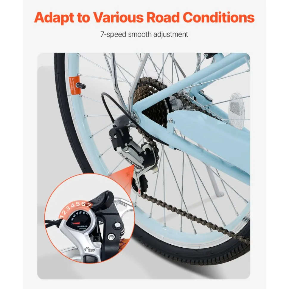 VEVOR Cruiser Bike, 1-Speed, 26-Inch Light Blue Beach Cruiser Bike with Large Capacity Basket and Rear Rack, Secure & Sturdy Cruiser Bike with Adjustable Seat, Fits for Cycling, Exercise & Shopping