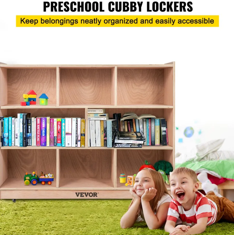 VEVOR Cubby Mobile Tray Storage Cabinet, 8-Compartment Cubby Storage Shelf, Cubby Storage Cabinet 3-shelf, Classroom Cubbies, Classroom Furniture for Home, Daycare and Preschool, Natural