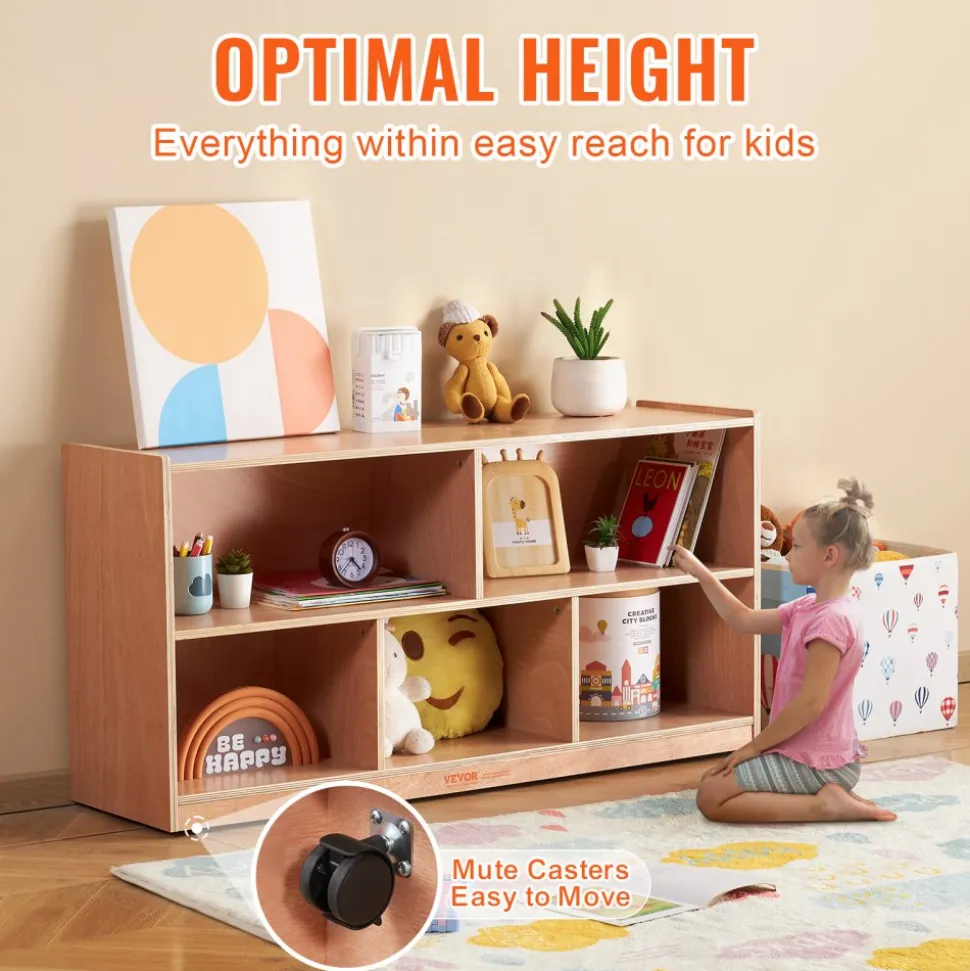 VEVOR Cubby Mobile Tray Storage Cabinet, 5-Compartment Cubby Storage Shelf, Cubby Storage Cabinet 2-shelf, Classroom Cubbies, Classroom Furniture for Home, Daycare and Preschool, Natural
