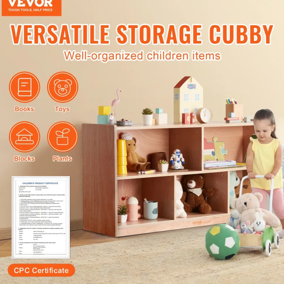 VEVOR Cubby Mobile Tray Storage Cabinet, 5-Compartment Cubby Storage Shelf, Cubby Storage Cabinet 2-shelf, Classroom Cubbies, Classroom Furniture for Home, Daycare and Preschool, Natural