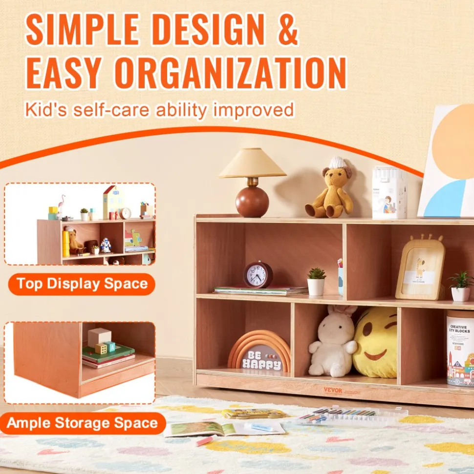 VEVOR Cubby Mobile Tray Storage Cabinet, 5-Compartment Cubby Storage Shelf, Cubby Storage Cabinet 2-shelf, Classroom Cubbies, Classroom Furniture for Home, Daycare and Preschool, Natural