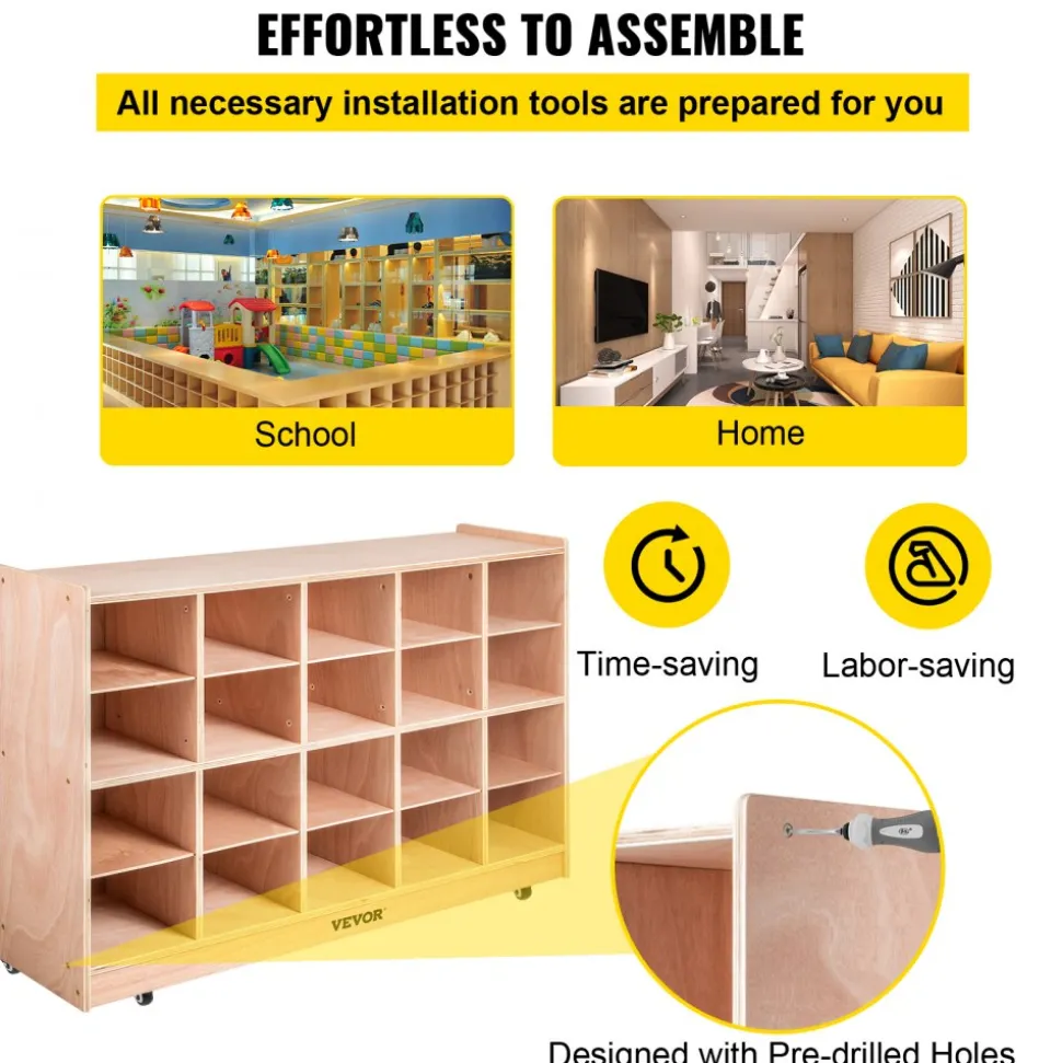 VEVOR Cubby Mobile Tray Storage Cabinet, 20-Compartment Cubby Storage Shelf, Cubby Storage Cabinet 4 x 5, Classroom Cubbies, Classroom Furniture for Home, Daycare and Preschool, Natural