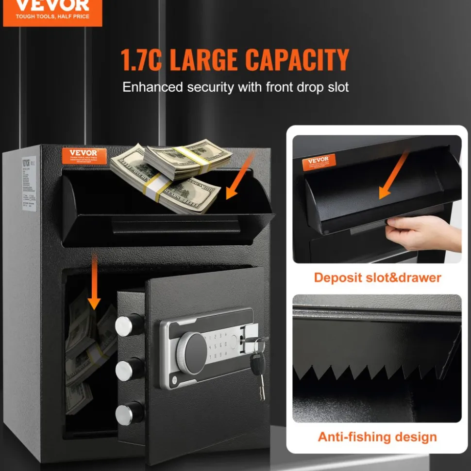 VEVOR 1.7 Cub Depository Safe, Deposit Safe with Drop Slot, Electronic Code Lock and 2 Emergency Keys, 17.71'' x 13.77'' x 13.77'' Business Drop Slot Safe for Cash, Mail in Home, Hotel, Office