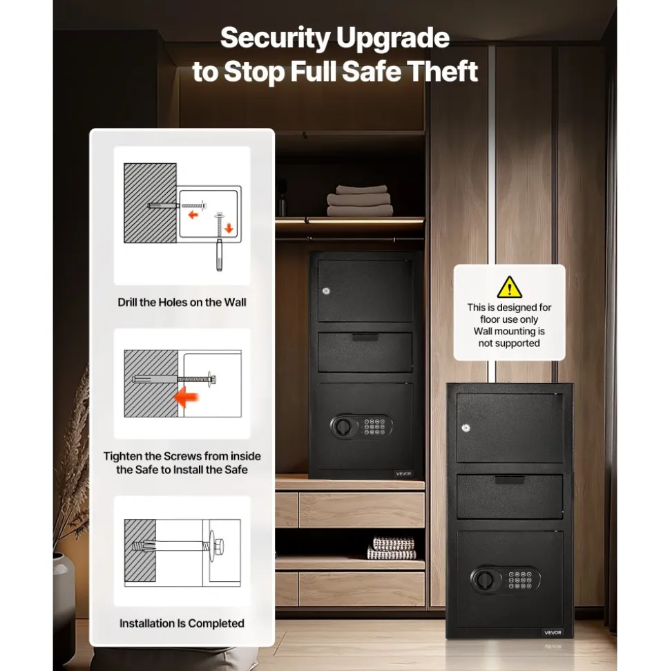 VEVOR 3.6 Cubic Feet Drop Safe, Large Capacity Front Drop Slot Safe Box with Digital Keypad, Heavy Duty 3 Tiers Cash Depository Box with Spare Keys for Cash, Bank Slip, Jewelry, Document, Bill, Black