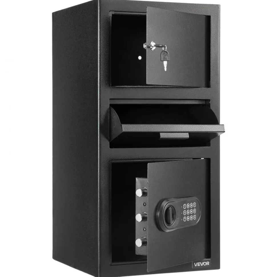 VEVOR 3.6 Cubic Feet Drop Safe, Large Capacity Front Drop Slot Safe Box with Digital Keypad, Heavy Duty 3 Tiers Cash Depository Box with Spare Keys for Cash, Bank Slip, Jewelry, Document, Bill, Black